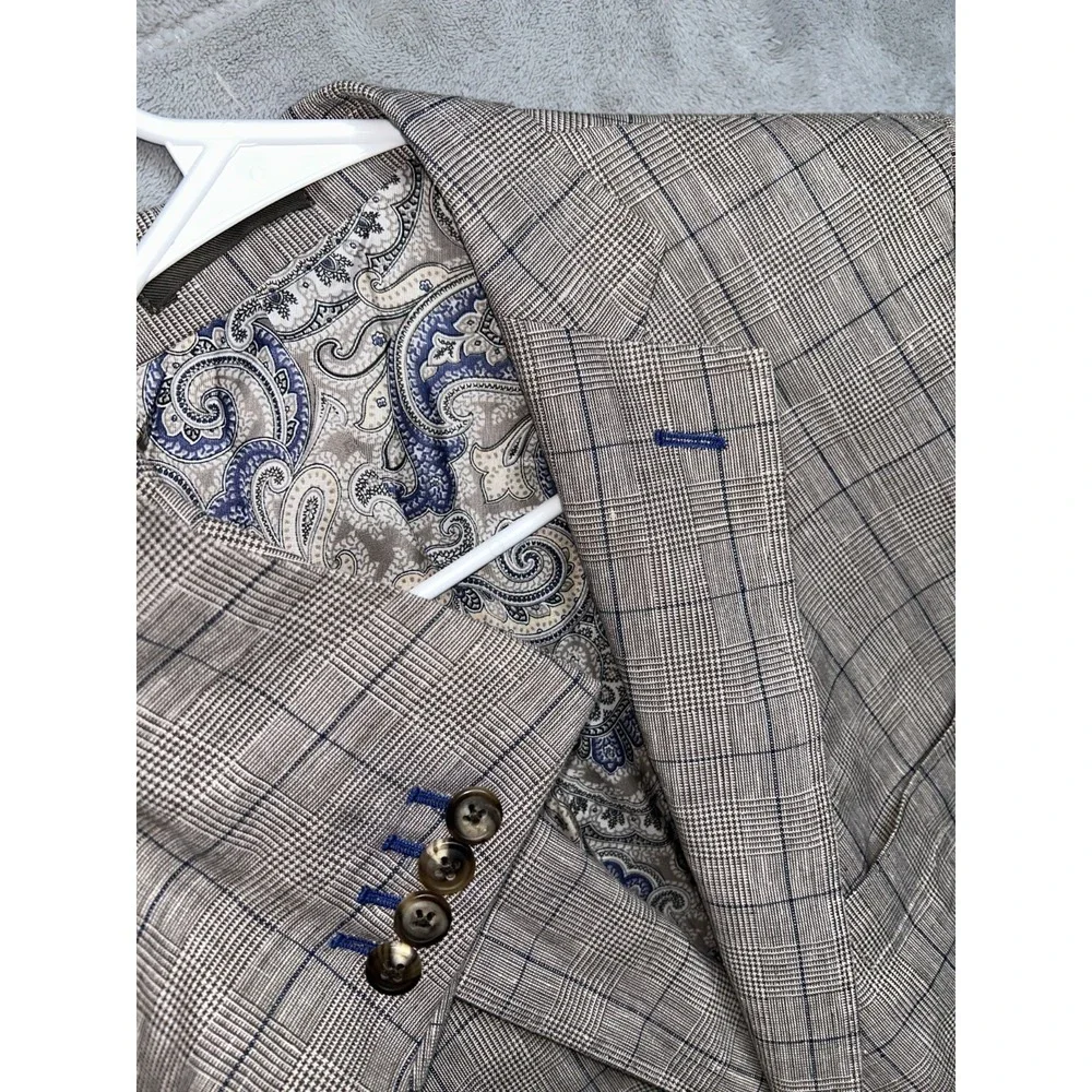 J Hilburn Sport Coat Mens Size 41rR Brown Plaid  Linen Hemp Two Button Blazer